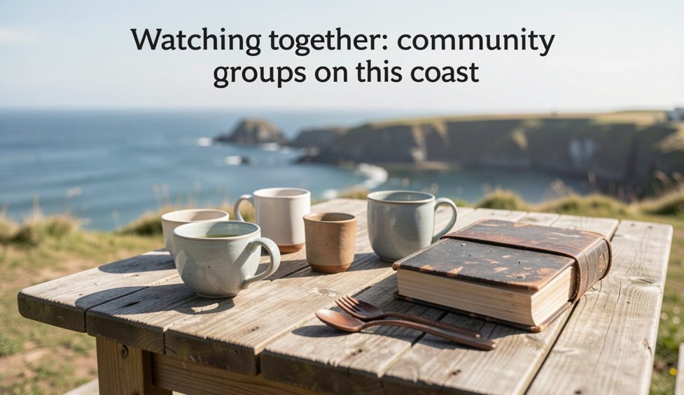 A small group of watchers standing together on a grassy headland with binoculars and the open sea beyond