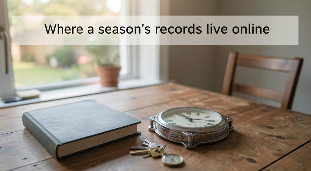 A laptop open on a kitchen table beside notebooks and a paper survey form with a window showing grey weather beyond