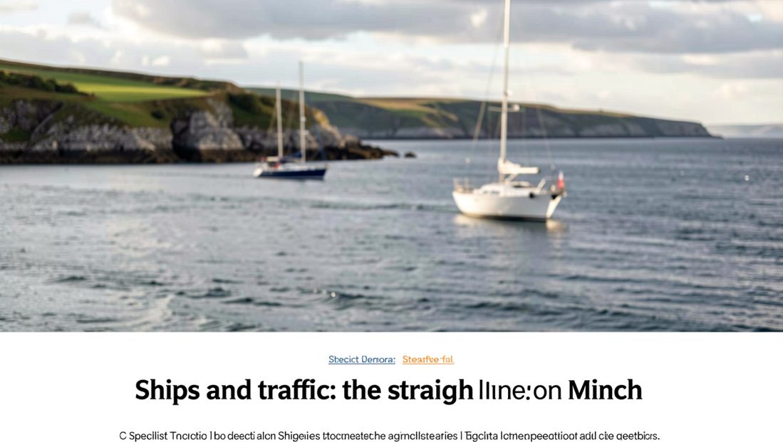 A distant cargo ship crossing a grey open sea with a low headland behind and the straight wake visible through haze