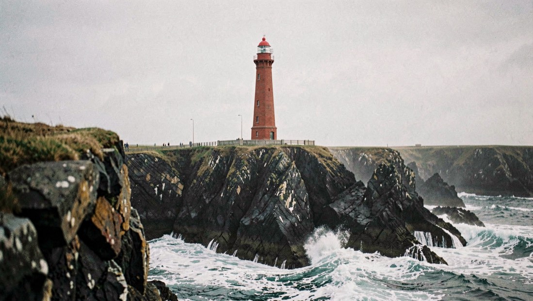 A low headland of dark rock and wet grass under flat grey cloud, a narrow band of pale light on the northern sea beyond it, a single tripod and notebook in the near foreground, no people and no animals in frame.