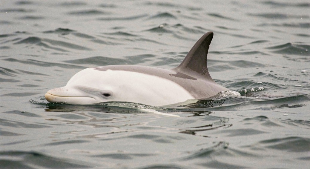A white beaked dolphin, stocky with a tall dark fin and a pale saddle patch behind it, surfacing in short grey swell